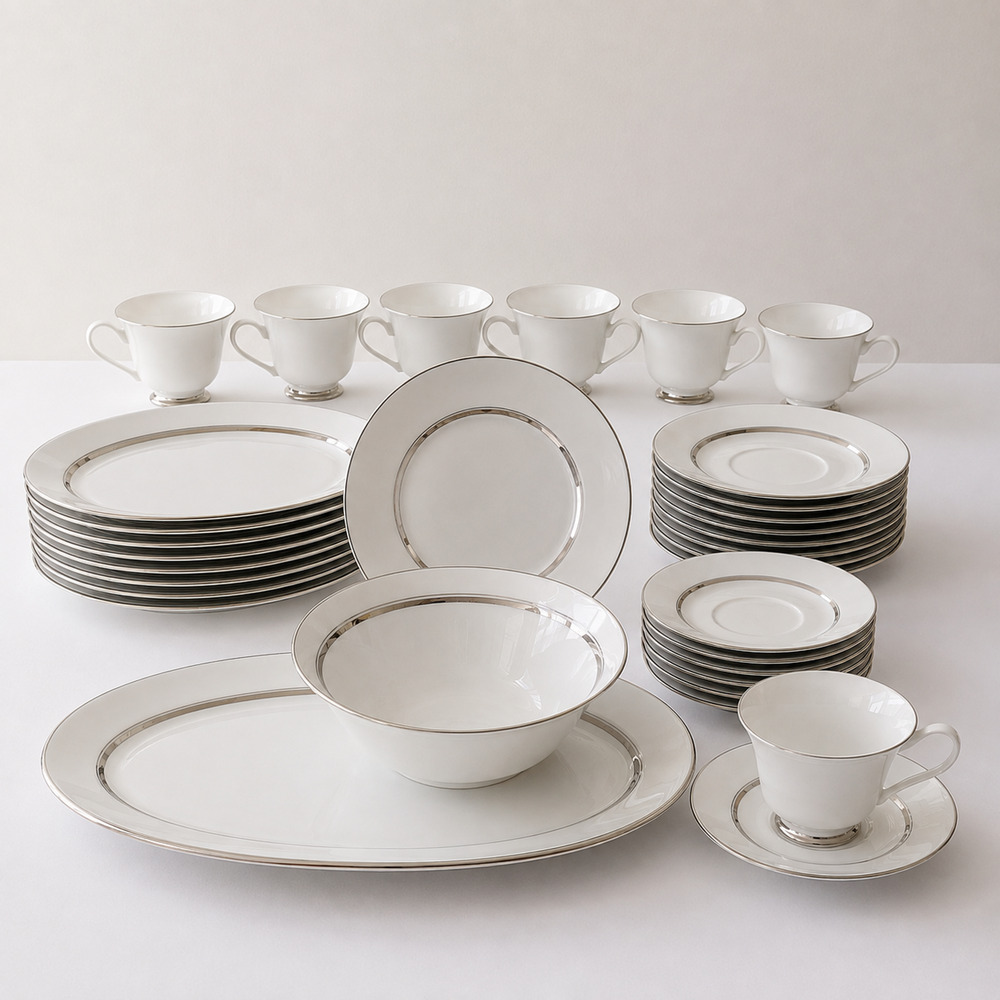 Vintage Oxford Lexington Bone China 42 Pc Set White Platinum Trim Made in USA